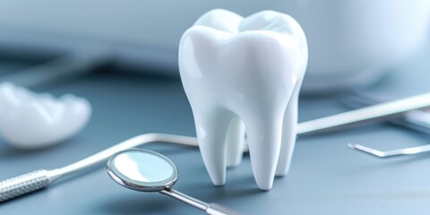Banner with healthy tooth. Protecting dental health and medical care concept