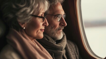 Capturing a candid moment, this senior couple enjoy a peaceful moment gazing out the window of their private jet, savoring every moment of their retirement travels.