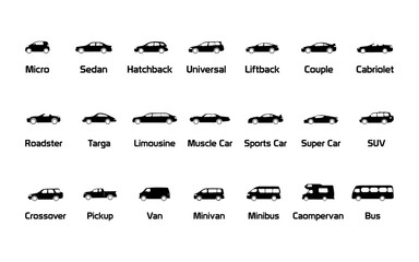 Transport black and white icons set. Car Type and Model Objects icons Set . Vector black illustration isolated on white background with shadow. Variants of automobile body silhouette for web.