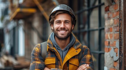 Cute Caucasian bearded construction worker with safety helmet on head - obrazy, fototapety, plakaty
