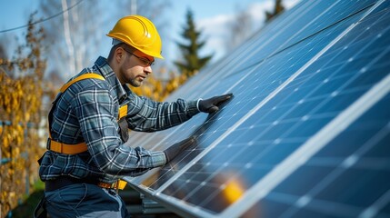 Fototapeta na wymiar Installing a Solar Cell on a Roof. Solar panels on roof.