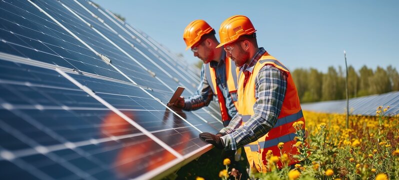 Installing a Solar Cell on a field. Solar panels on field.
