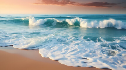 Fototapeta premium Sandy beach with light blue transparent water waves and sunlight, tranquil aerial beach scene