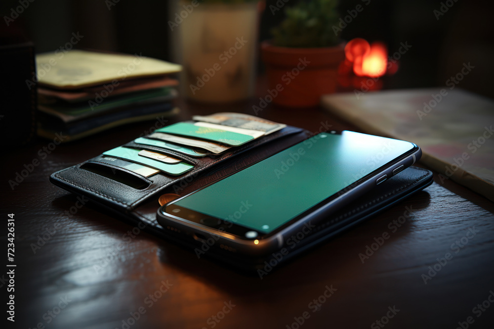 Poster a next-generation wallet seamlessly connected to a mobile payment app, offering users a sophisticate
