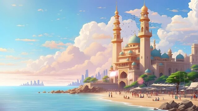 Beautiful Mosque Ramadan Mubarak Anime Style  Animated Video Template