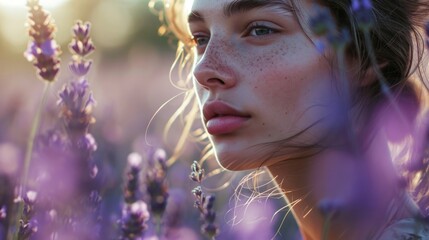 A woman staring off into the distance, her delicate features illuminated by the soft purple particles dancing around her face in the lavender field. - Powered by Adobe