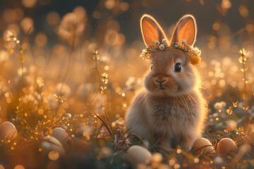 Fototapeta na wymiar Easter Bunny with Floral Crown Surrounded with Easter Eggs. AI Generative.