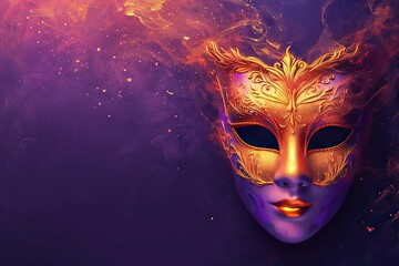 Venetian carnival mask with shiny golden streamers and glitter on dark purple background. Carnival party concept. Magic and mystery. Festive backdrop for design card, banner, flyer with copy space