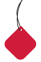 Blank Red Cardboard Sale Tag And Black String, Empty Square Price Label Background, Vertical Isolated Detailed Hanging Badge Copy Space Macro Closeup, Large Rounded Corners - 723427303