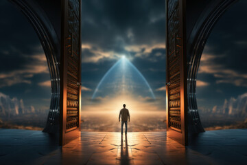 A wide-open door with a person stepping through, illustrating the transformative journey and newfound freedom on the other side. Generative Ai.