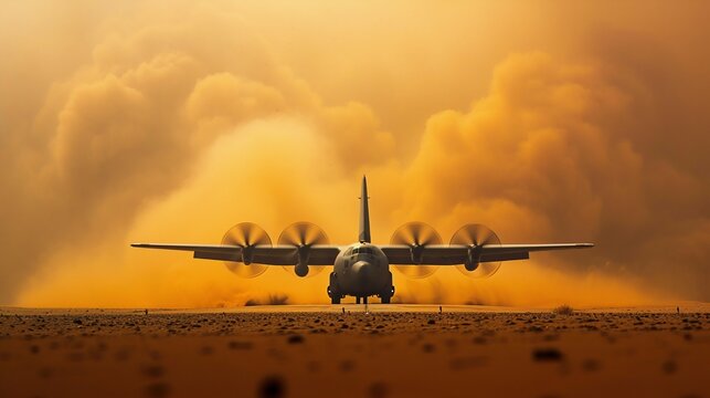 Turbulent Takeoff: Military Aircraft in Sandstorm. Generative ai