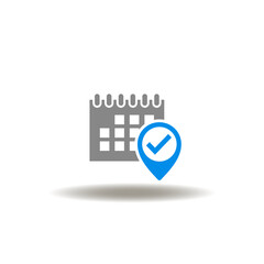 Vector illustration of calendar and place marker with check mark. Icon of AGM Annual General Meeting. Symbol of date planning.