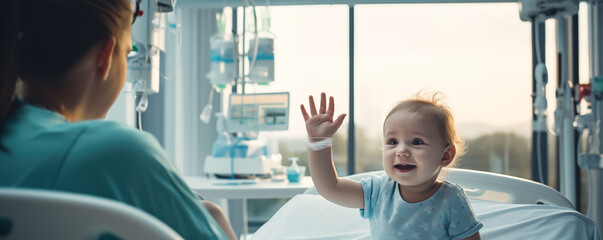 Mother or medical person supporting sick child in hospital. - obrazy, fototapety, plakaty