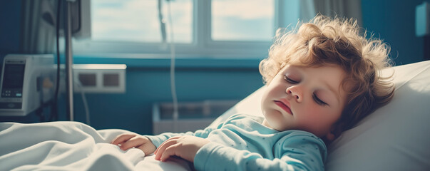 Sick little cute child lying in hospital. Medical care concept. - obrazy, fototapety, plakaty