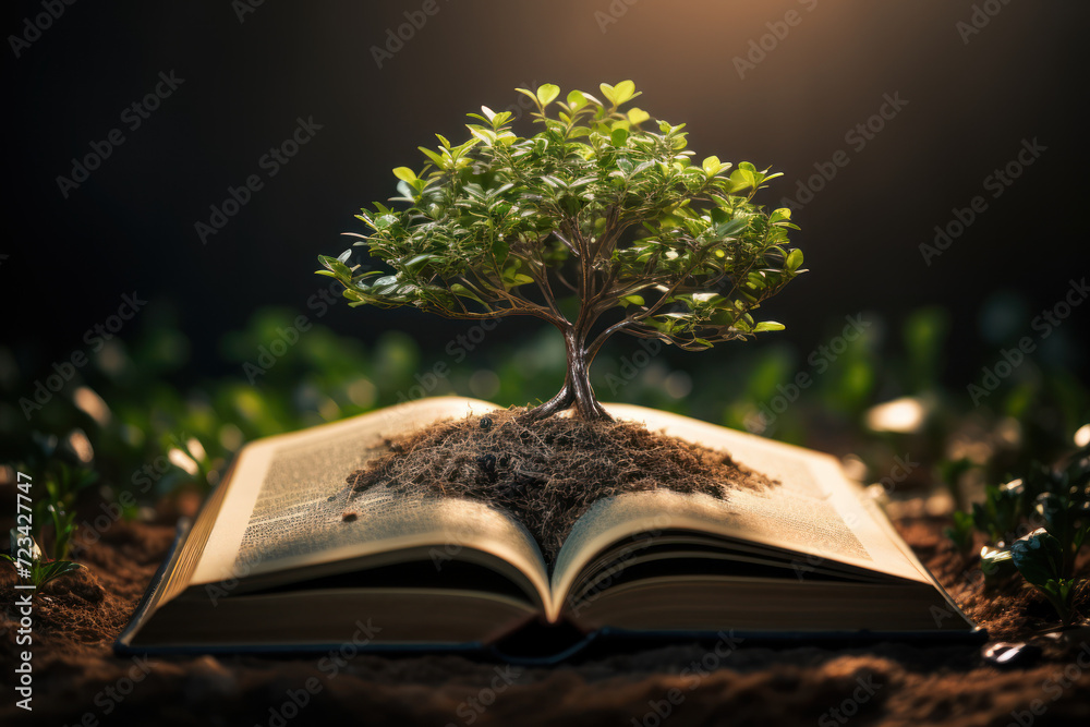 Wall mural a tree growing from a book, embodying the idea that knowledge is the fertile soil for the growth of 