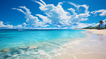 Obraz premium Sandy beach with light blue transparent water waves and sunlight, tranquil aerial beach scene