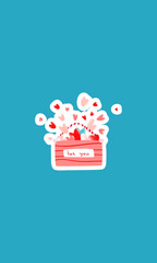 Valentine's Day card. Vertical blue template with decorative handmade wooden box with valentine and hearts.