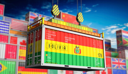 Freight shipping container with national flag of Bolivia - 3D illustration