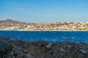 Fototapeta na wymiar Waterfront view of Mykonos village at the coast of Mykonos island. 