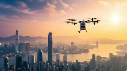 Zelfklevend Fotobehang Futuristic Autonomous Drones over Cityscape at Sunset. Generative ai © Scrudje