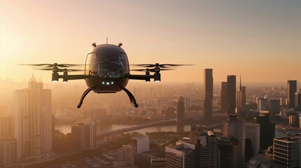 Futuristic Autonomous Drones over Cityscape at Sunset. Generative ai