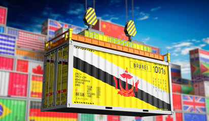 Freight shipping container with national flag of Brunei - 3D illustration - obrazy, fototapety, plakaty