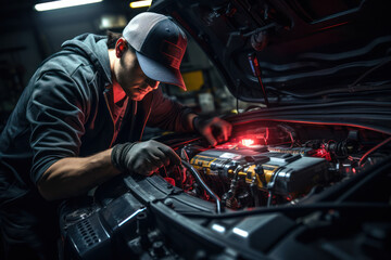 A mechanic working under the hood of a car, emphasizing the technical skills and expertise in the automotive industry. Generative Ai.