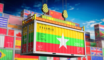 Freight shipping container with national flag of Myanmar - 3D illustration - obrazy, fototapety, plakaty