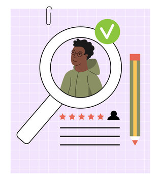 Recruitment and hiring concept. Human recourses searching for new employee.  Job interview, recruitment agency vector illustration.  Young Afro-American man candidate with magnifying glass. Vector