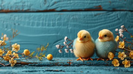 Blue, yellow, white eggs in the nest and yellow chicks on a blue wooden background.
