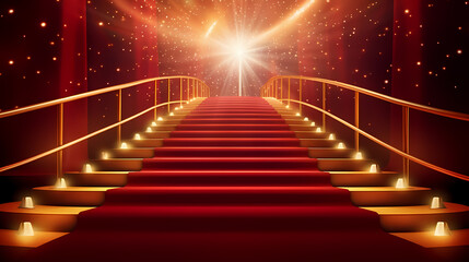 Red carpet staircase with smoke and spotlights, holiday awards ceremony event