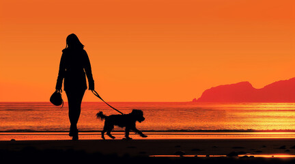 silhouette of a woman walking with her adorable dog on the beach shore. orange and black 