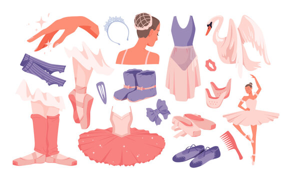 Ballet dance set. Cute pink and blue accessories of ballerina collection, dancing fairy girl and classic elegant dress of female dancer, queen swan and tiara, magic gesture cartoon vector illustration