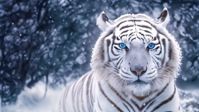Close up of a big white tiger head. Bleached tiger of India in a snowy forest and winter background with copy space. Wildlife cinemagraph background.