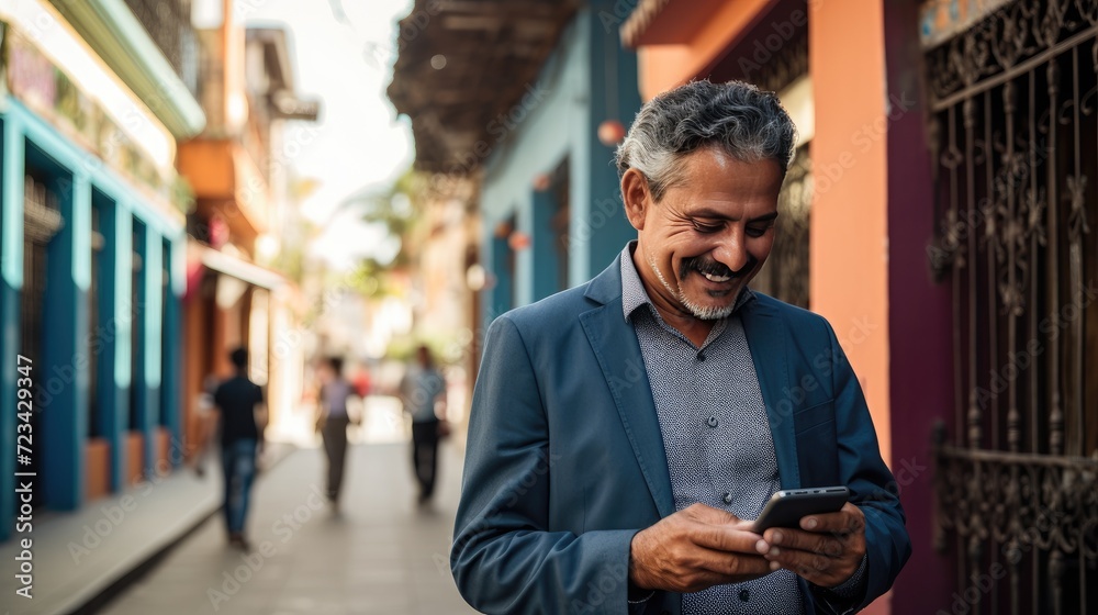 Wall mural Happy smiling senior man is using a smartphone outdoors