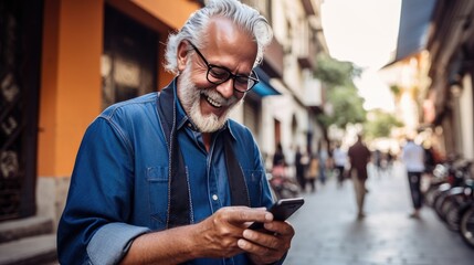 Obraz na płótnie Canvas Happy smiling senior man is using a smartphone outdoors
