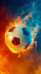 Naklejka premium Soccer Ball Ablaze with Blue and Orange Flames. Generative ai