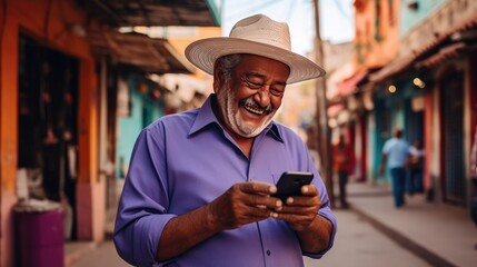 Obraz na płótnie Canvas Happy smiling senior man is using a smartphone outdoors