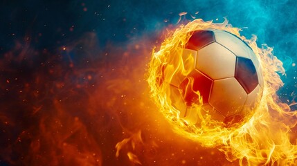 Fototapeta premium Soccer Ball Ablaze with Blue and Orange Flames. Generative ai