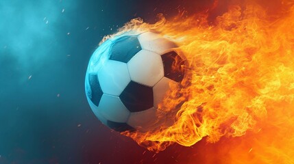 Fototapeta premium Soccer Ball Ablaze with Blue and Orange Flames. Generative ai