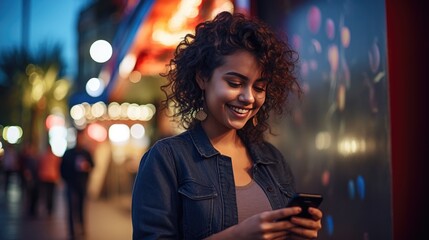 Happy smiling young woman is using a smartphone outdoors
