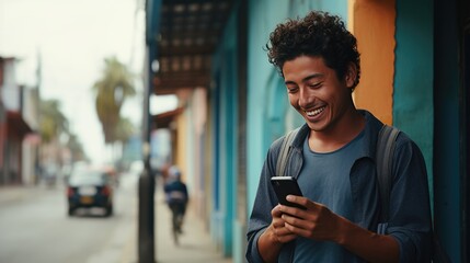 Obraz premium Happy smiling young man is using a smartphone outdoors