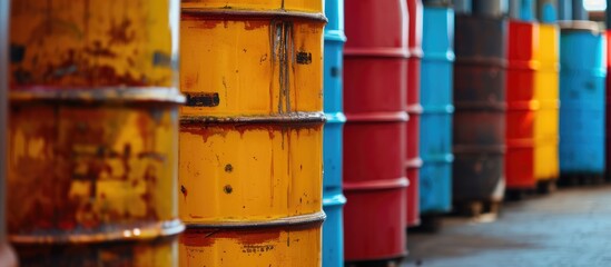 A line of stacked oil containers.