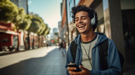 Happy smiling young man is using a smartphone outdoors