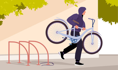 Thief stealing bicycle from rack in public city area, bike theft on street. Man carrying stolen personal transport and running, male criminal broke security lock to steal cartoon vector illustration - obrazy, fototapety, plakaty