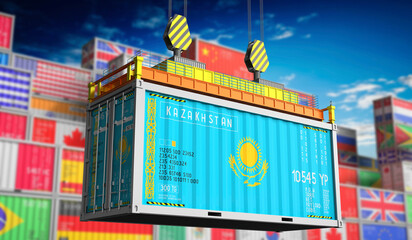 Freight shipping container with national flag of Kazakhstan - 3D illustration - obrazy, fototapety, plakaty