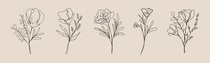 Flower Line Art Set | Floral Vector Bundle | Botanical Nature Designs - obrazy, fototapety, plakaty
