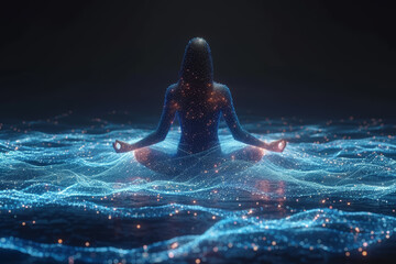 A digital rendering of sound waves emanating from a meditating person, illustrating the concept of vibrational energy. Concept of sound therapy and vibrational healing. Generative Ai. - obrazy, fototapety, plakaty