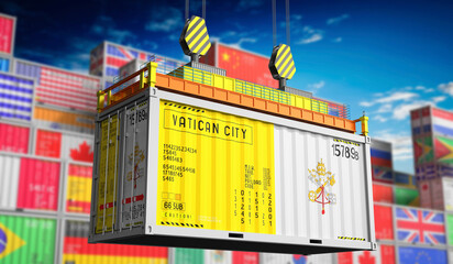 Freight shipping container with national flag of Vatican City - 3D illustration - obrazy, fototapety, plakaty