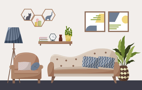 Modern living room interior design. A sofa and an armchair, shelves for accessories and flowers, a floor lamp and potted plants, clocks and figurines. Vector flat illustration.